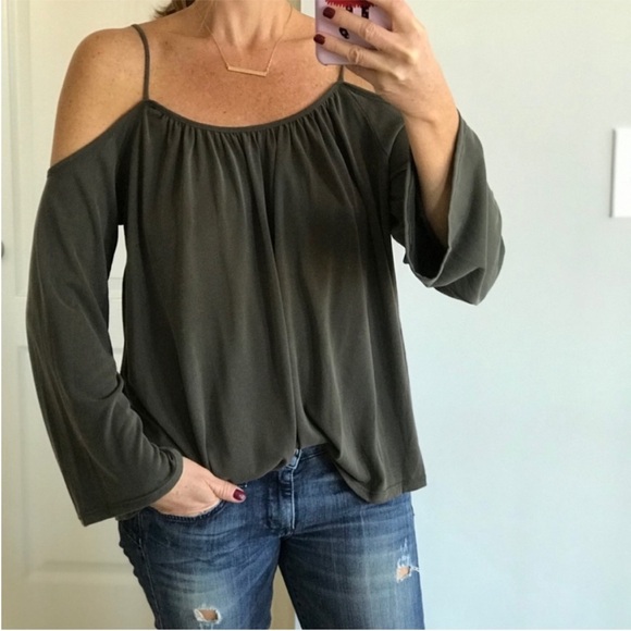 Olive Green Bell Sleeve Cold Shoulder Top - Picture 2 of 5
